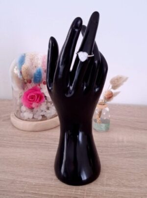 Bague coeur blanc en acier inoxydable argenté fait main résine époxy paillettes auto ajustable