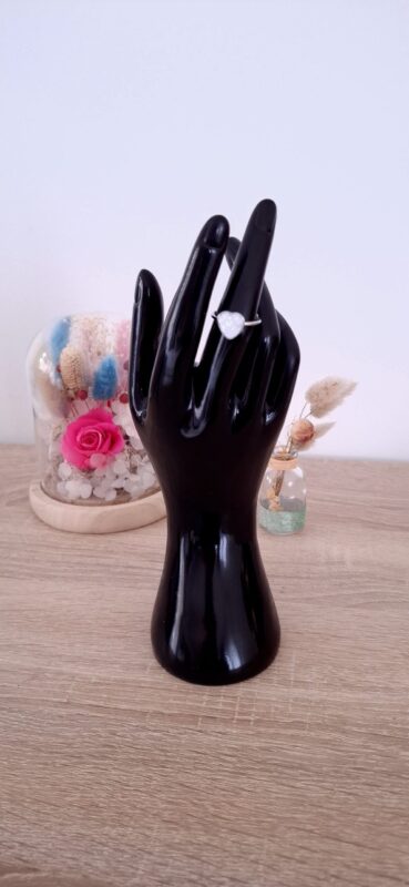 Bague coeur blanc en acier inoxydable argenté fait main résine époxy paillettes auto ajustable