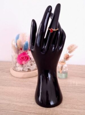 Bague petit ovale rouge en acier inoxydable argenté fait main résine époxy paillettes auto ajustable