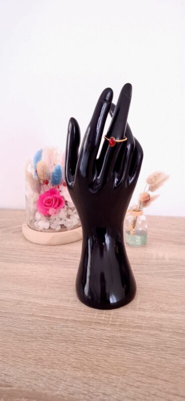 Bague petit ovale rouge en acier inoxydable argenté fait main résine époxy paillettes auto ajustable