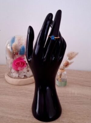 Bague petit ovale bleu en acier inoxydable argenté fait main résine époxy paillettes auto ajustable