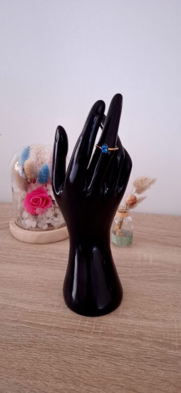 Bague petit ovale bleu en acier inoxydable argenté fait main résine époxy paillettes auto ajustable