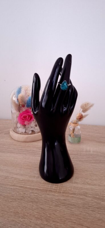 Bague goute bleu vert en acier inoxydable argenté fait main résine époxy paillettes auto ajustable