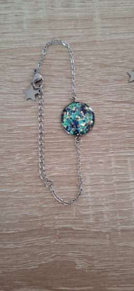 Bracelet paillette résine époxy fait main acier inoxydable artisanat France fashion France Bleu et doré