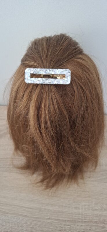 Barrette résine époxy paillettes du finistère fait main artisanat argenté