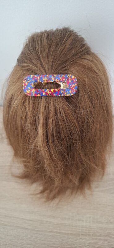 barrette fait main artisanal résine époxy made in france bleu rose et or
